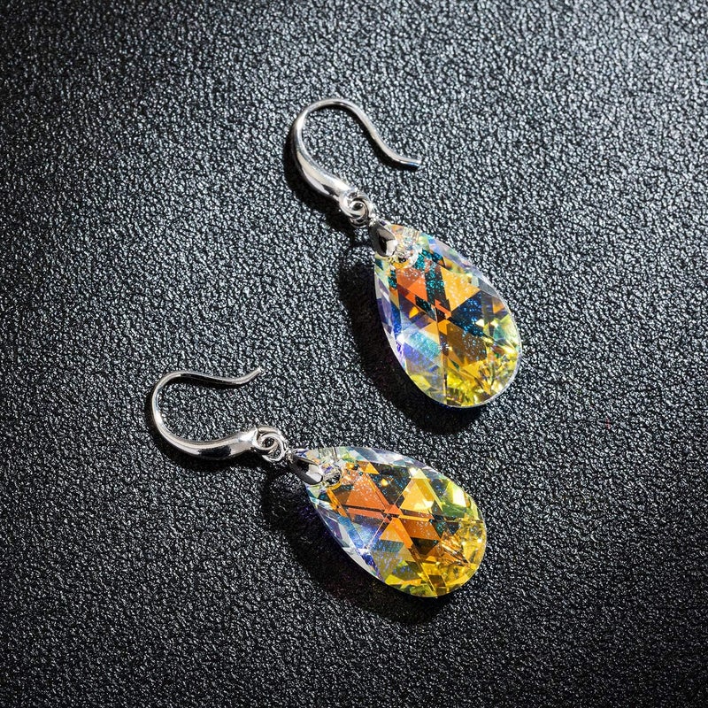 EVEVIC Austrian Crystal Teardrop Dangle Hook Earrings for Women 14K Gold Plated Hypoallergenic Jewelry (Aurora Borealis) - Image 3